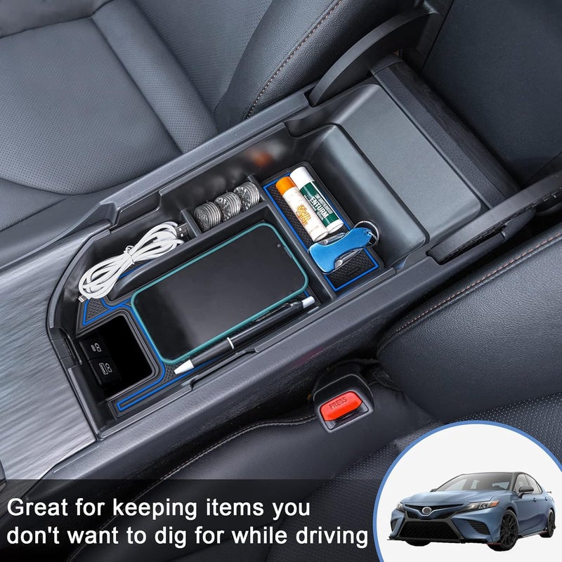 TOPINSTALL Blue Center Console Tray Compatible with 2018-2024 Toyota Camry XLE XSE and 2020-2023 2024 Camry LE SE with Dual USB Ports, Interior Accessories Armrest Console Organizer (Not for 2025) - Image 5